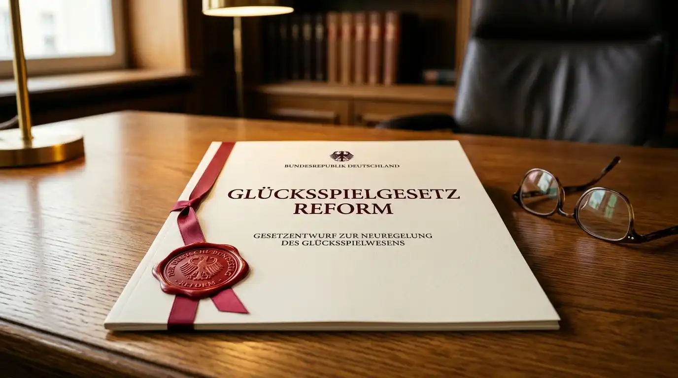 Offizielles Dokument mit Siegel auf einem Eichenschreibtisch mit Lesebrille