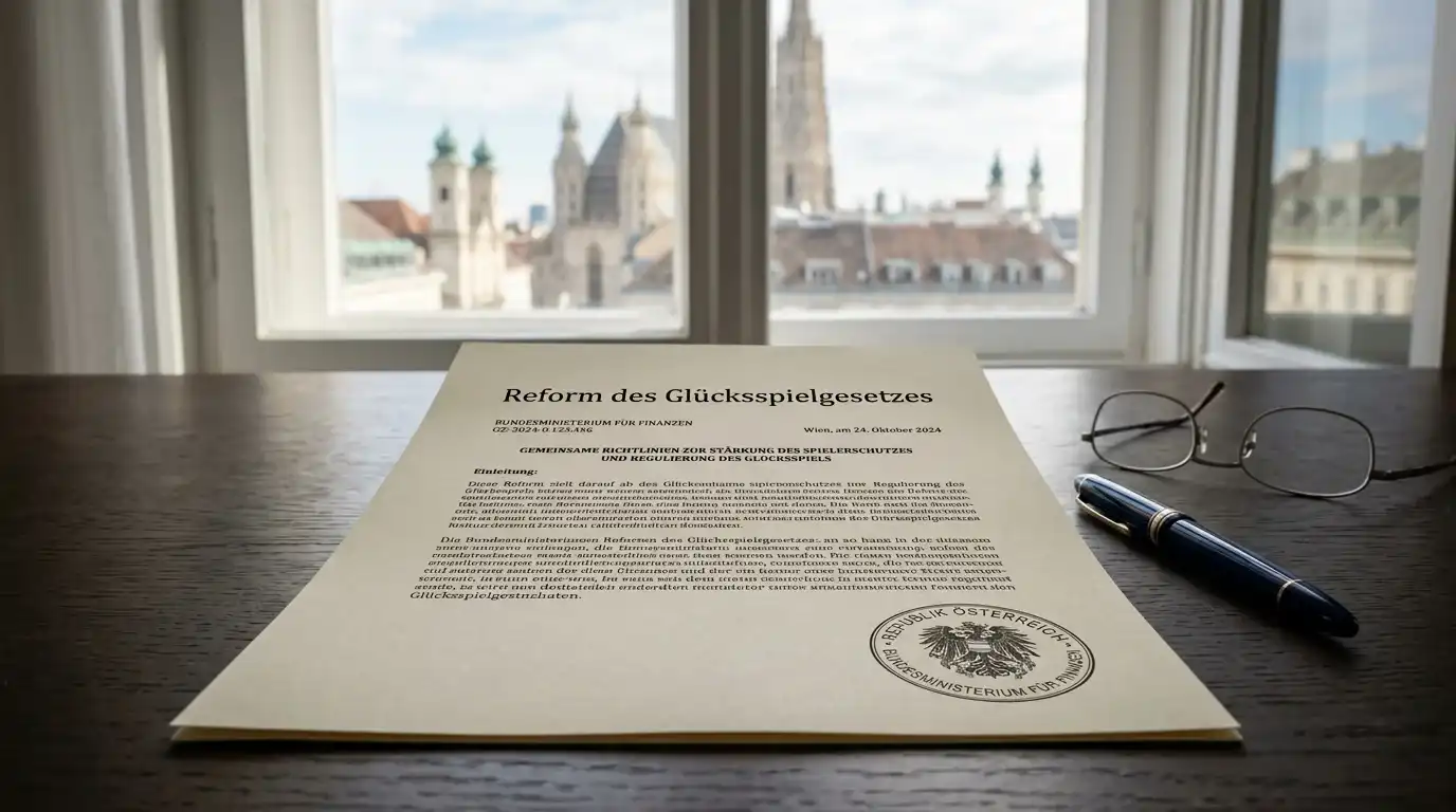 Österreichisches Rechtsdokument mit amtlichem Stempel und Wiener Stadtansicht