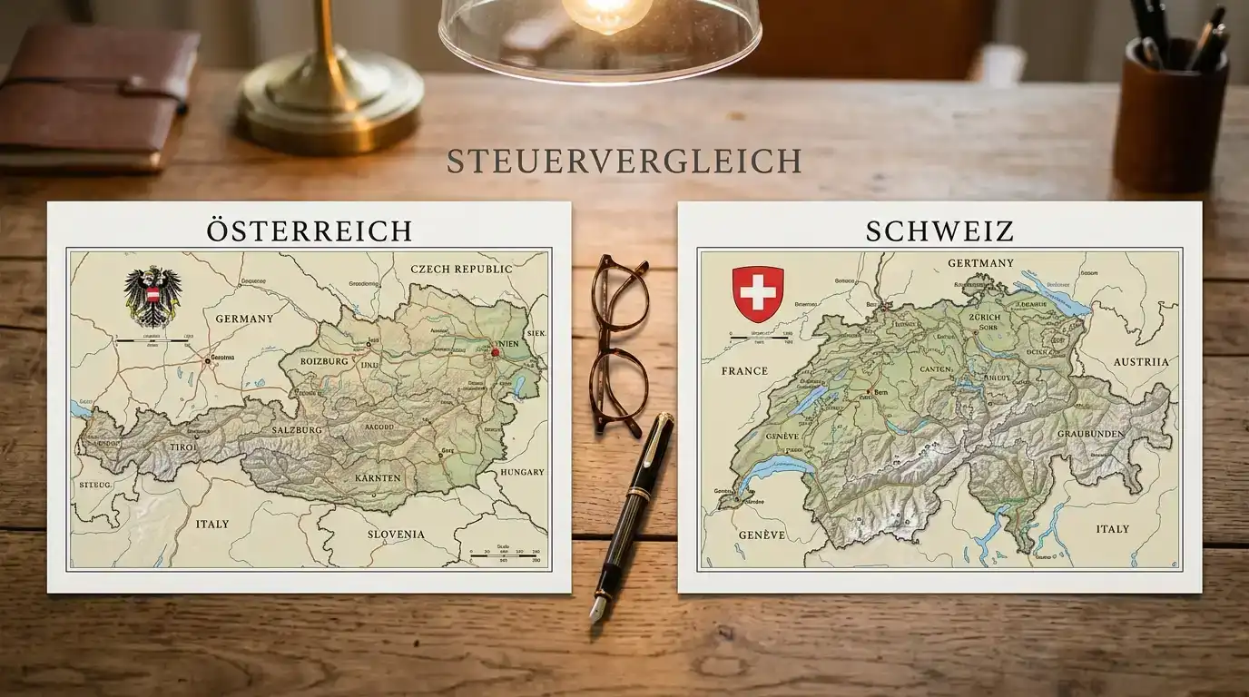 Zwei gedruckte Landkarten von Österreich und der Schweiz nebeneinander auf einem Schreibtisch