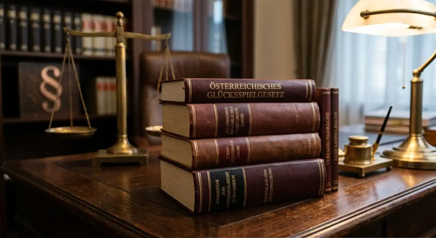 Österreichische Gesetzbücher und Paragrafenzeichen auf dunklem Holztisch mit Waage im Hintergrund