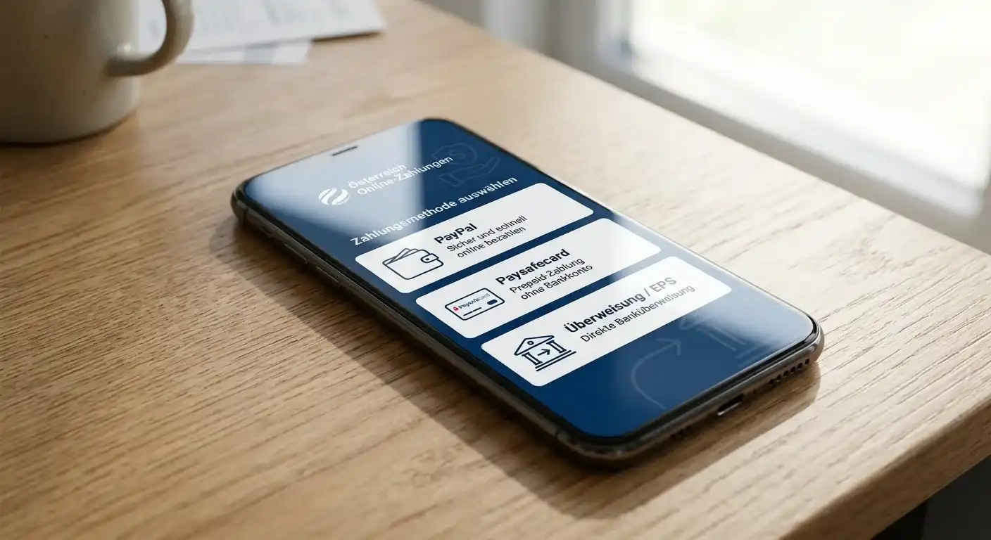 Österreichische Bankkarte, PayPal-Logo und Bitcoin-Wallet auf einem Tisch neben Laptop mit Casino-Interface