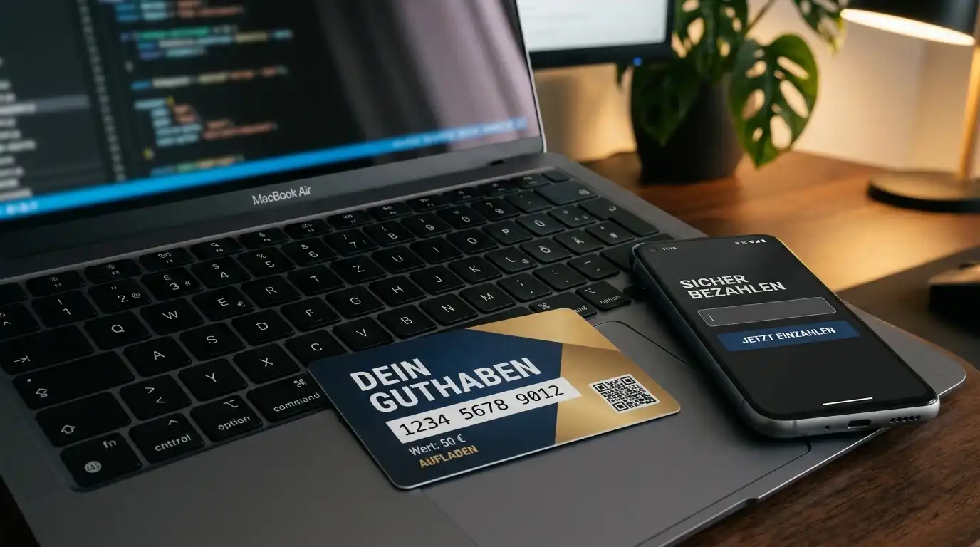 Paysafecard-Gutschein auf einer Tastatur neben einem Smartphone