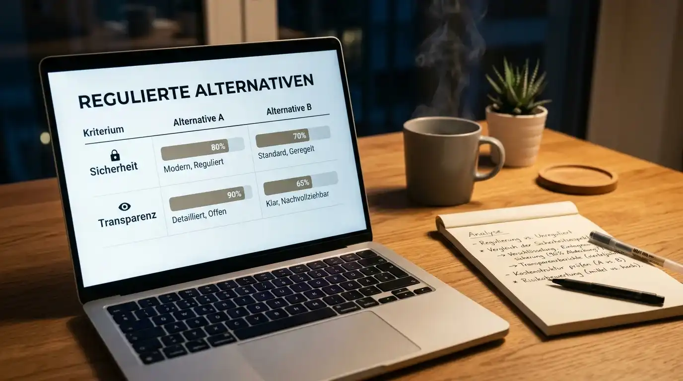 Laptop mit neutraler Vergleichstabelle neben einem Notizblock auf einem aufgeräumten Schreibtisch