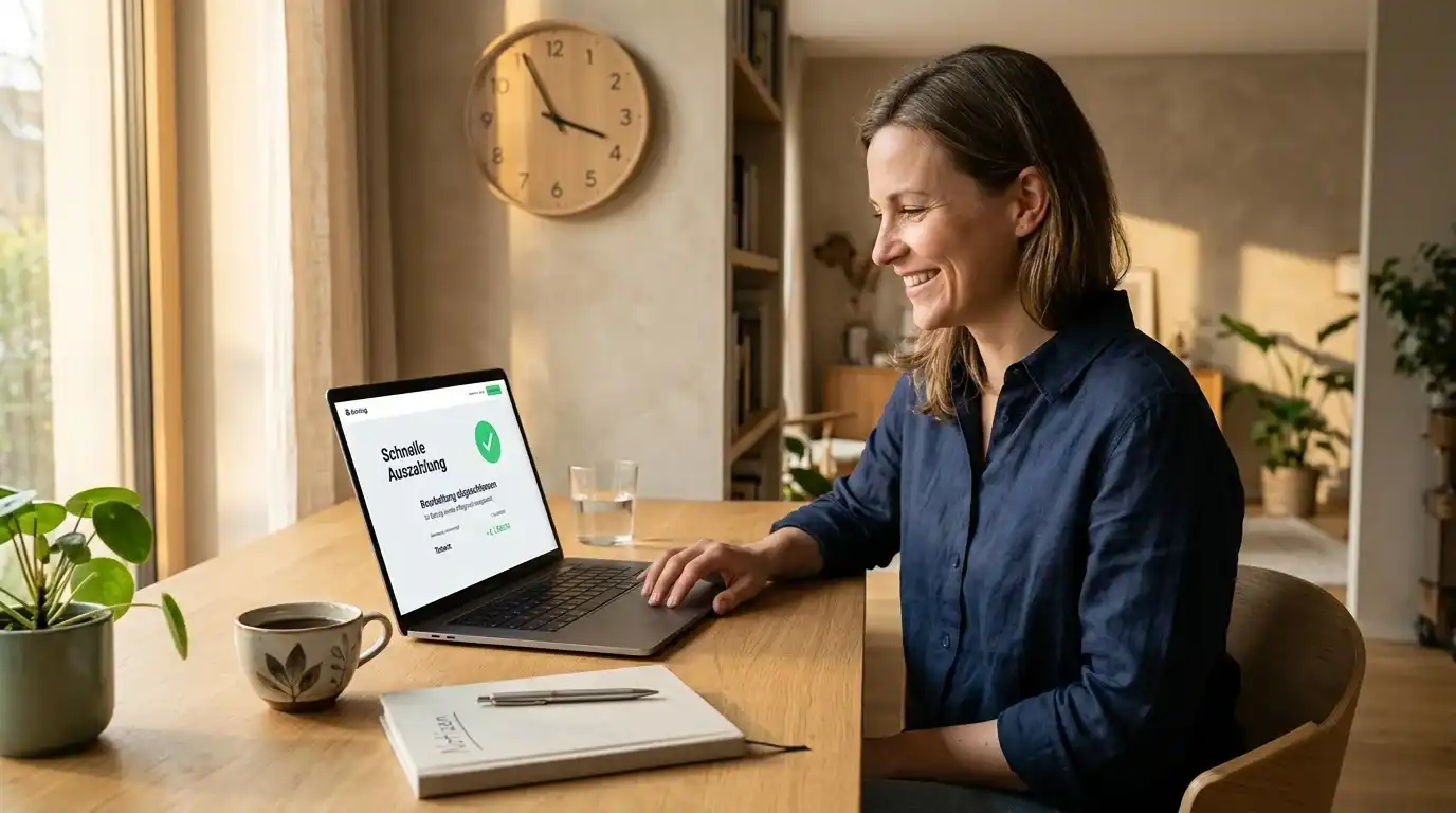 Person am Laptop mit Uhr im Hintergrund als Symbol für Zeit