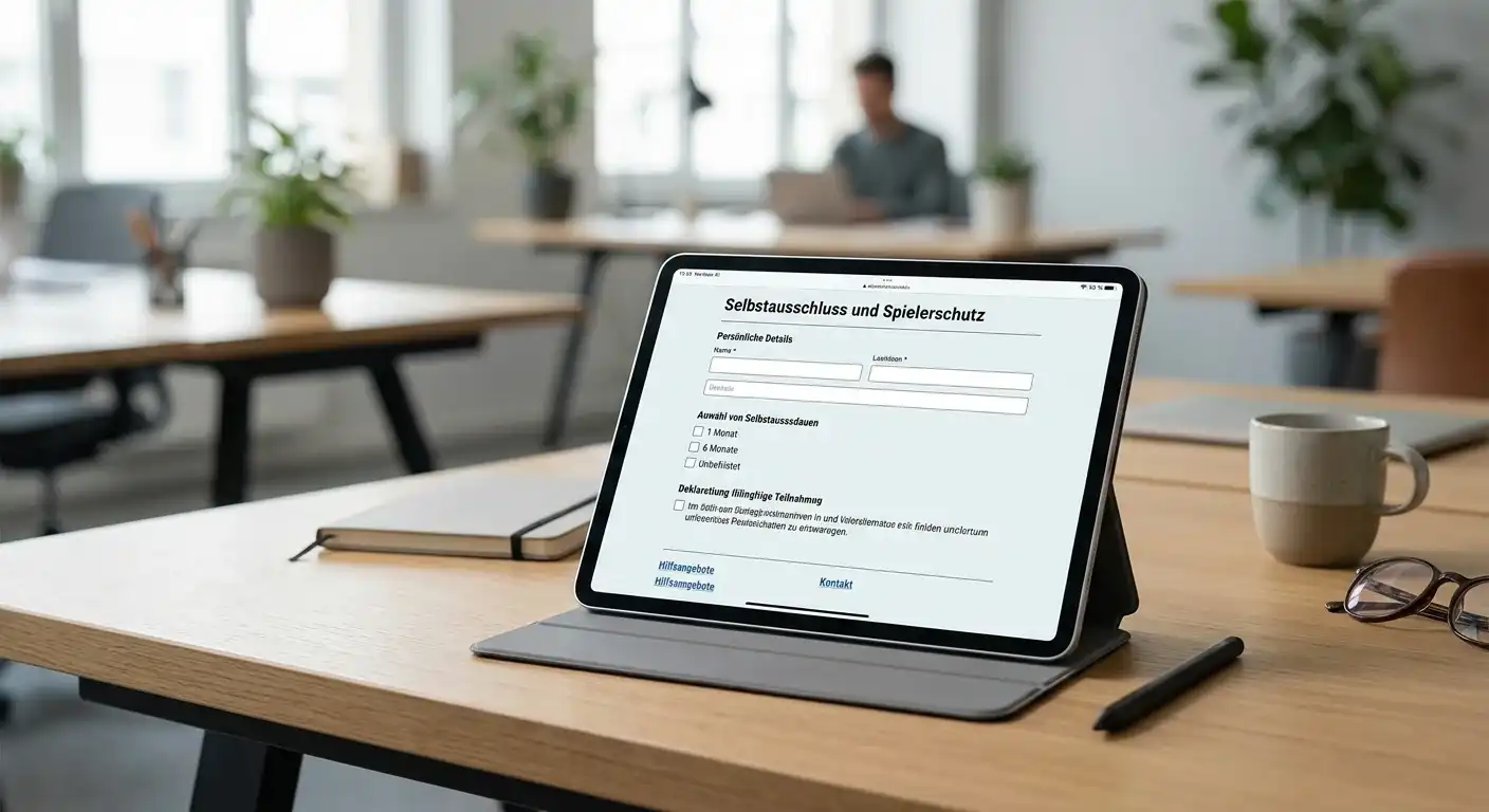 Selbstausschluss-Interface auf Laptop-Bildschirm mit Optionen für 6 Monate, 1 Jahr und permanente Sperre