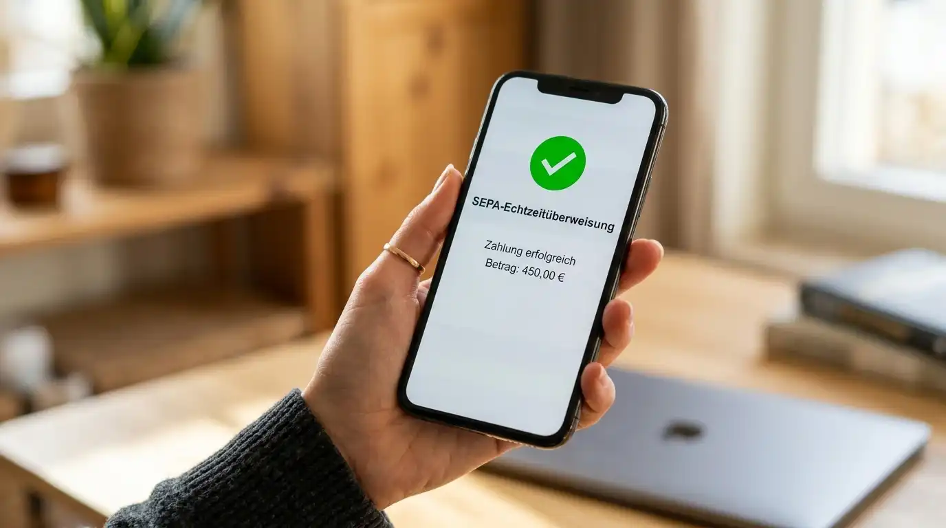 Smartphone mit Banking-App zeigt SEPA Instant Payment Option