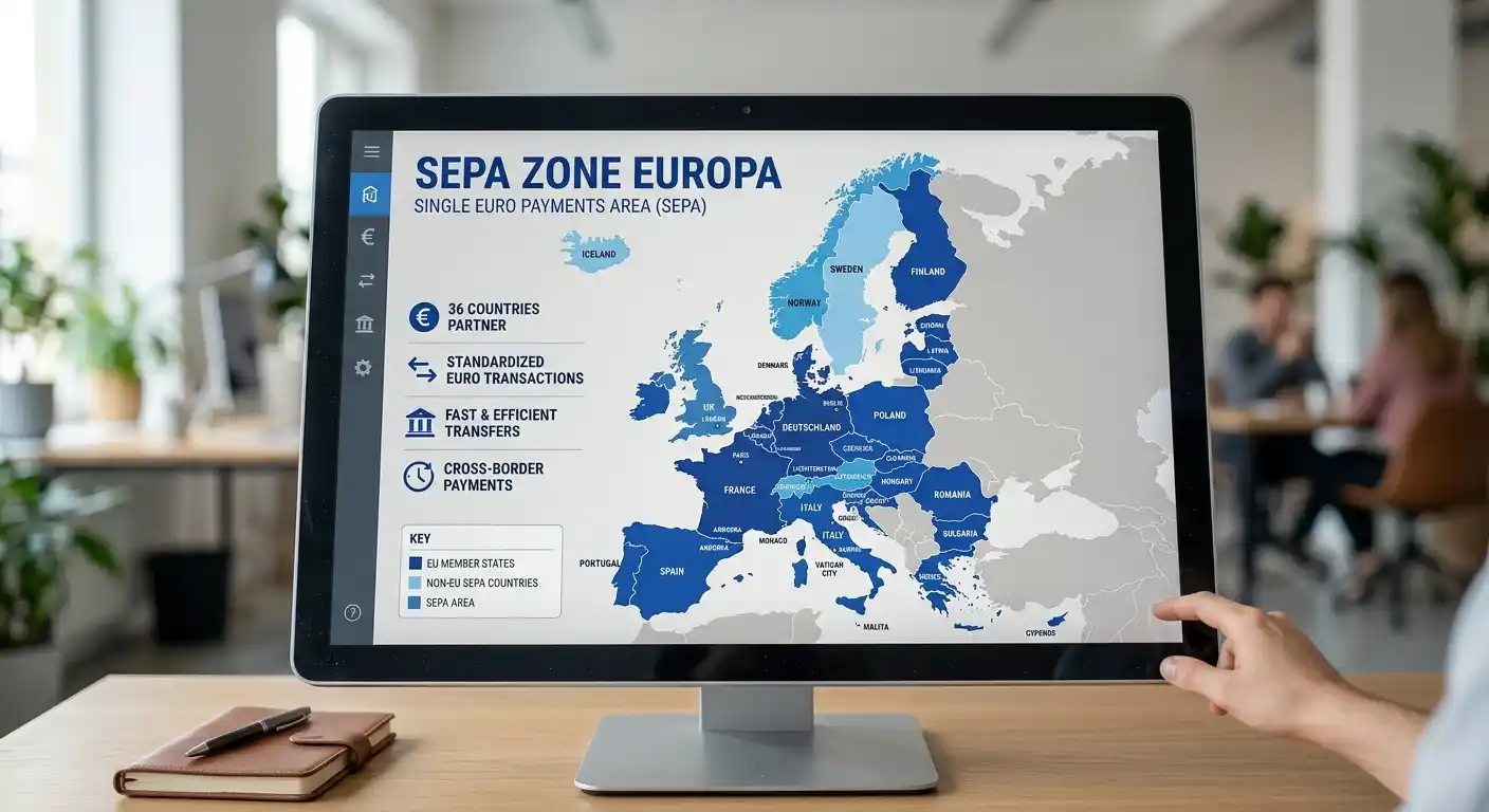 Infografik zeigt SEPA-Überweisungszone Europa auf neutraler Karte