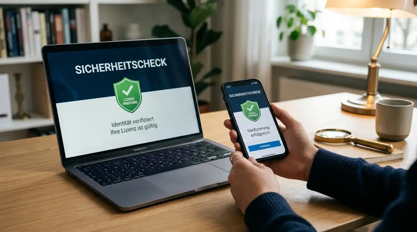 Smartphone und Laptop zeigen neutrale Sicherheitsüberprüfungsoberflächen mit Lupe auf dem Schreibtisch