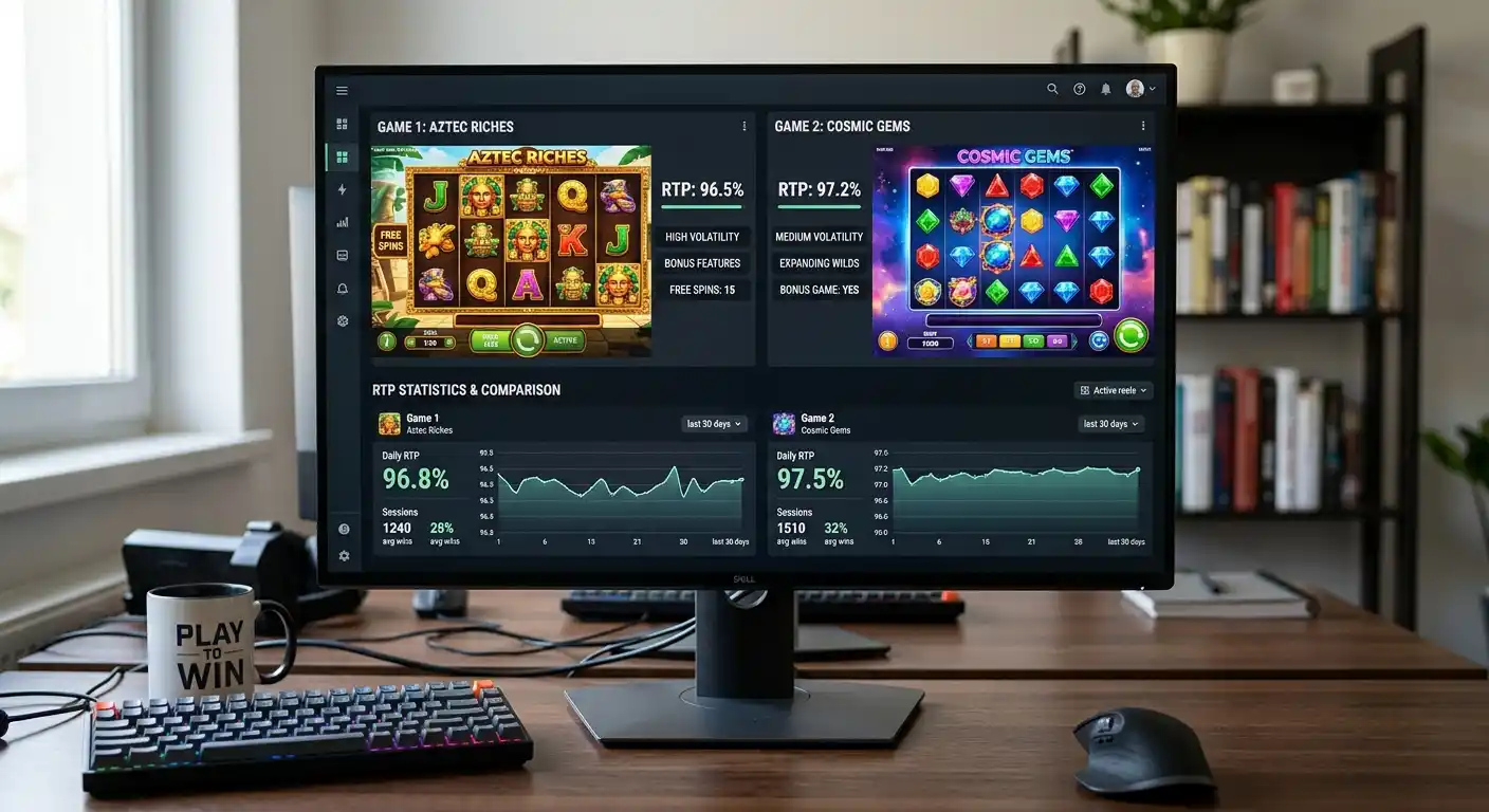 Monitor mit geöffneten Slot-Spielen und RTP-Statistiken in einer Vergleichsansicht
