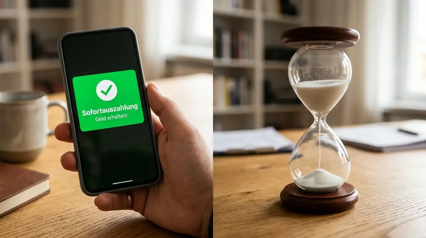 Smartphone mit grüner Bestätigung neben Sanduhr auf dem Schreibtisch