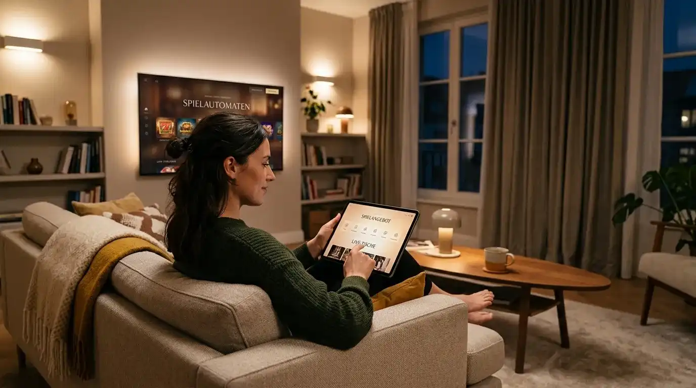 Person spielt entspannt auf einem Tablet im Wohnzimmer, Hintergrund zeigt generische Spieloberfläche