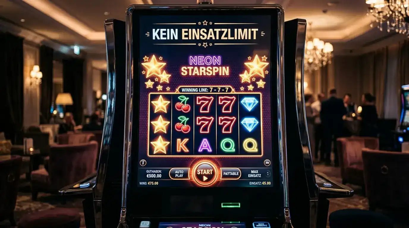 Spielautomat mit neutralen Symbolen auf einem Bildschirm in gedämpftem Licht