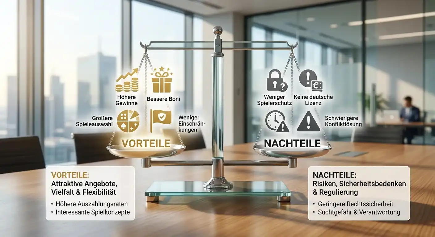 Waage mit Vorteil- und Nachteil-Symbolen für internationale Casinos