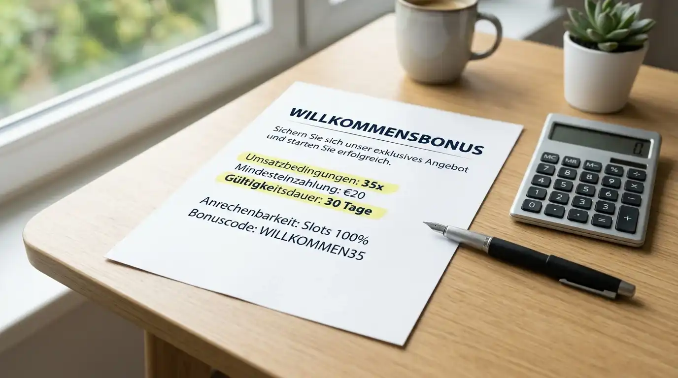 Willkommensbonus-Dokument mit Umsatzbedingungen und Berechnungen