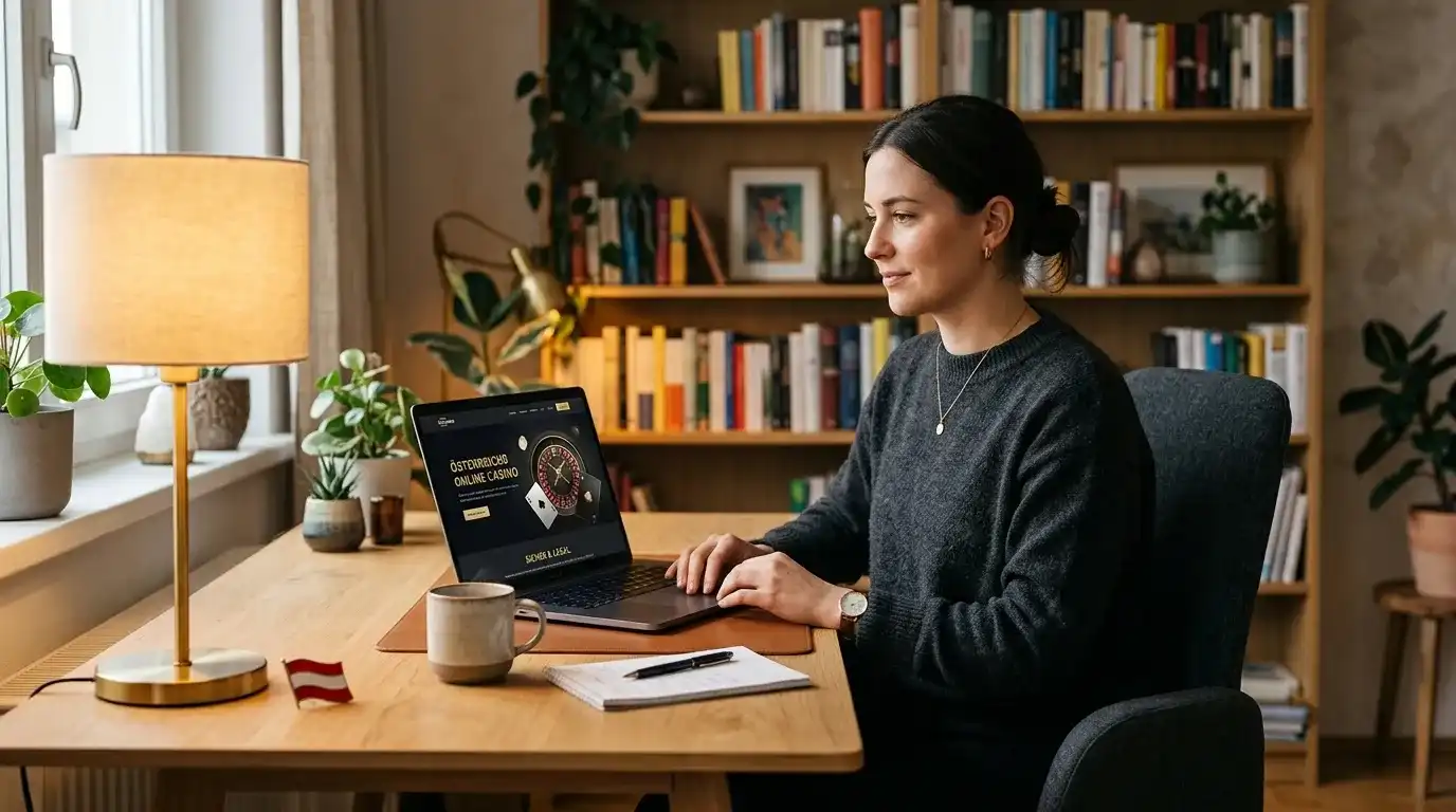 Person am heimischen Schreibtisch vor einem Laptop mit neutralem Spiel-Interface