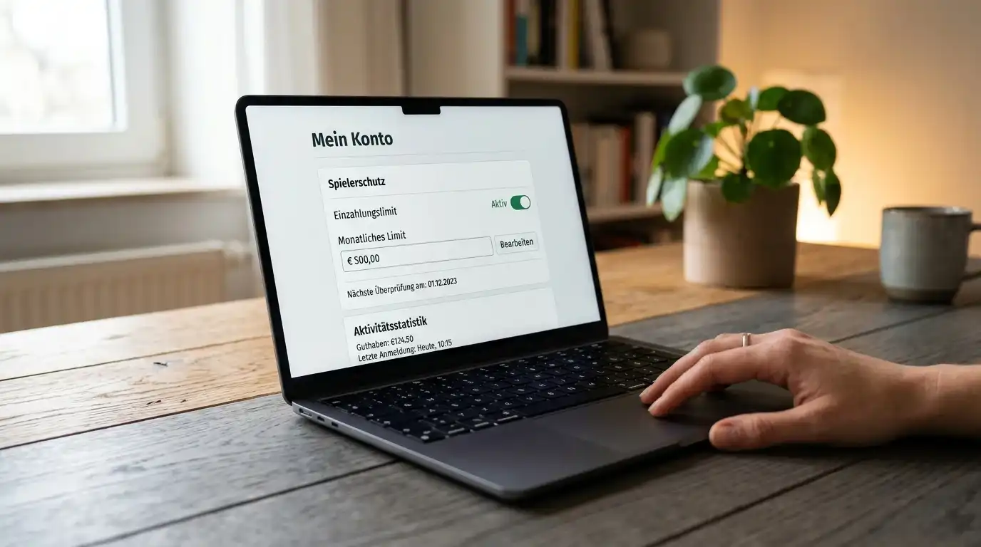 Spielerkonto-Dashboard mit aktiver Selbstsperre und Einzahlungslimit auf einem Laptop-Bildschirm