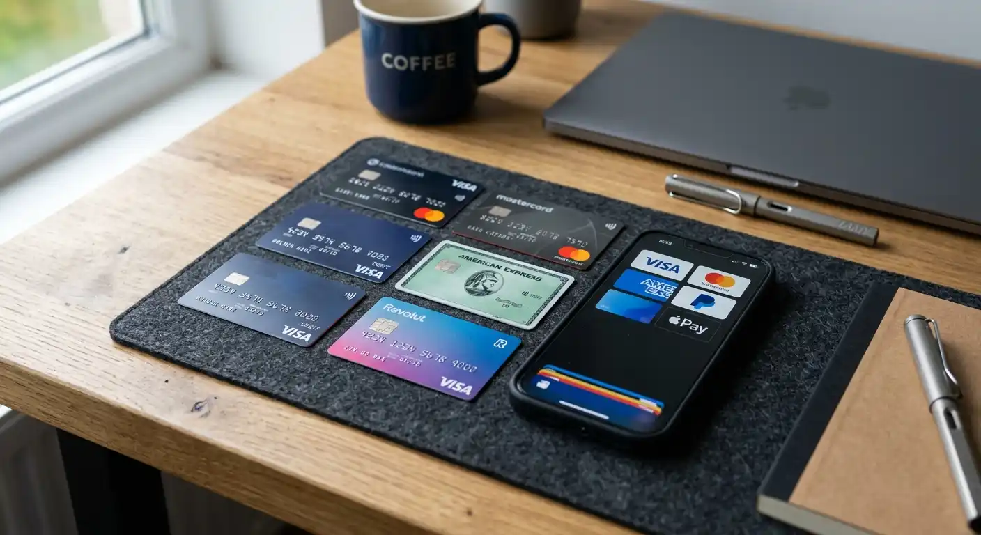 Verschiedene Zahlungskarten und digitale Wallet-Icons auf einem Schreibtisch