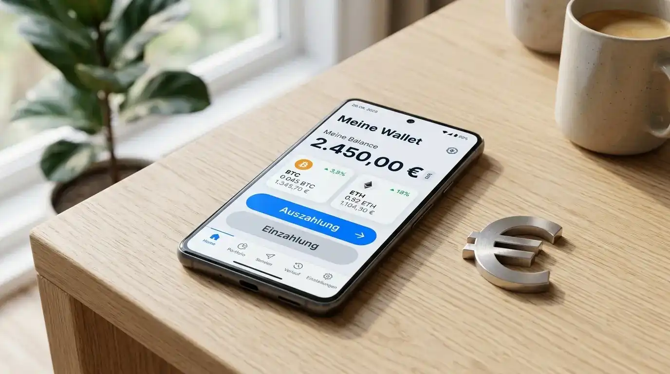 Kryptowährung-Symbol und E-Wallet auf einem Smartphone-Display