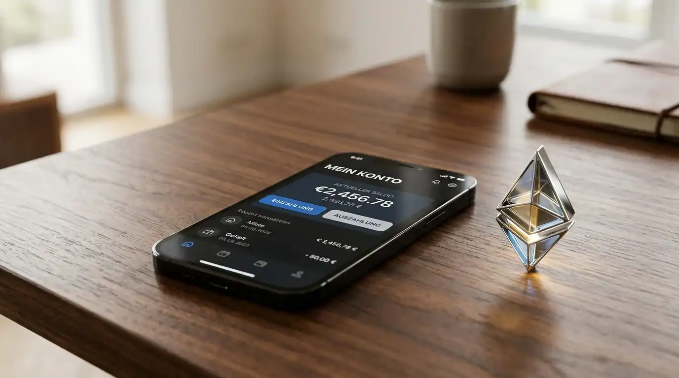Smartphone mit neutraler Banking-App-Oberfläche neben einem digitalen Währungssymbol auf dem Schreibtisch