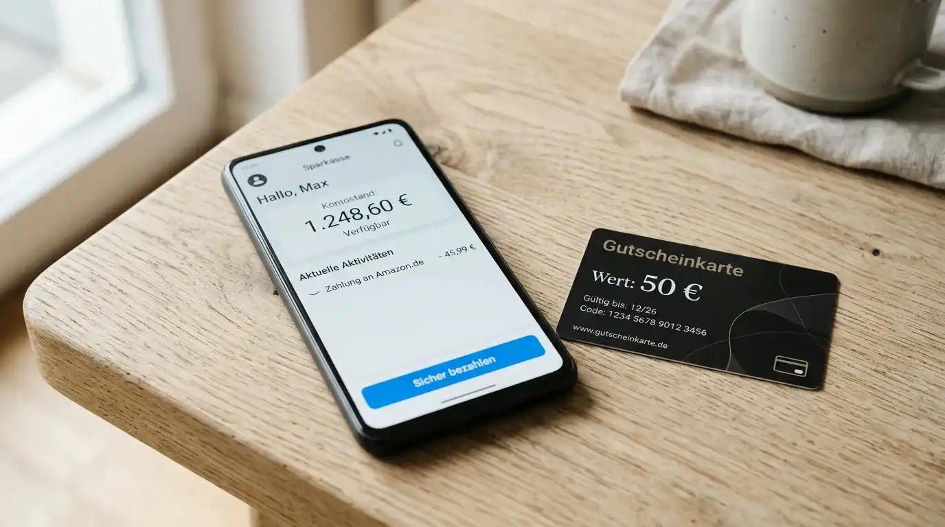 Smartphone mit neutraler Zahlungs-App neben einer Paysafecard-Gutschein-Karte auf einem Tisch