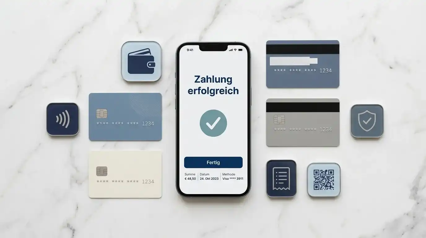 Generische Zahlungssymbole und Smartphone mit neutraler Zahlungsbestätigung auf weißem Marmor