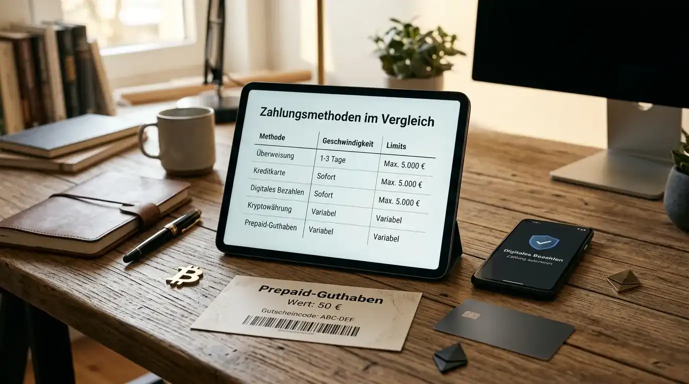 Zahlungsmethoden-Vergleich mit Icons und Geschwindigkeitsangaben